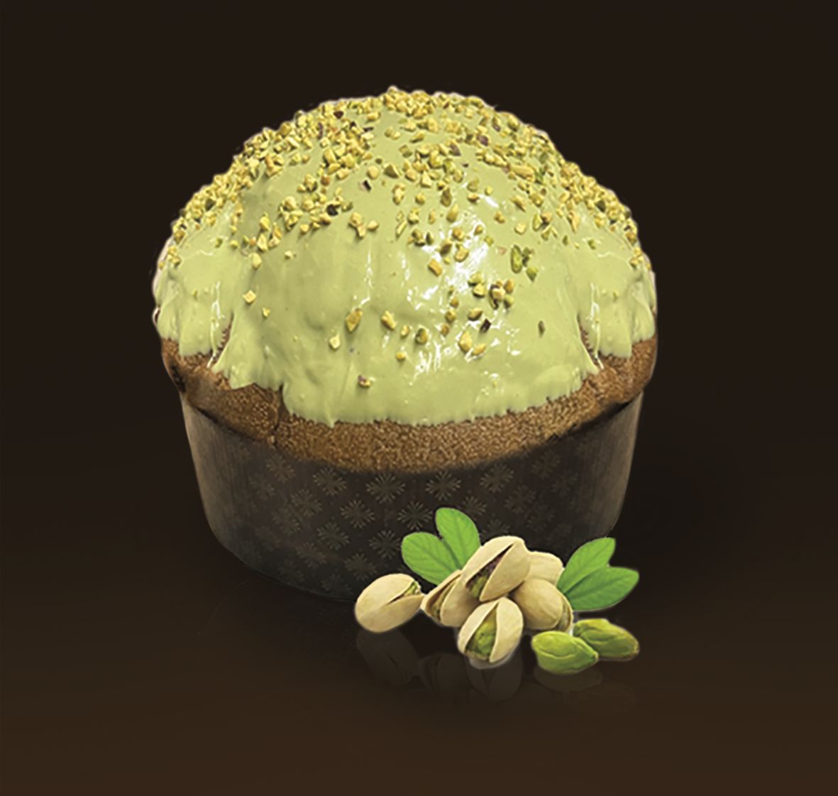 Panettone al Pistacchio con Gocce di Cioccolato Bianco al Pistacchio ricoperto di Crema al Pistacchio