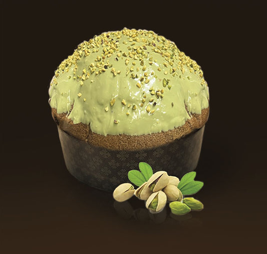 Panettone al Pistacchio con Gocce di Cioccolato Bianco al Pistacchio ricoperto di Crema al Pistacchio